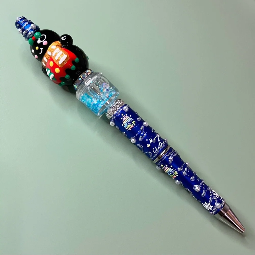 Handpainted Snowman Christmas Magic Blue Sparkles Handmade Beaded Pen